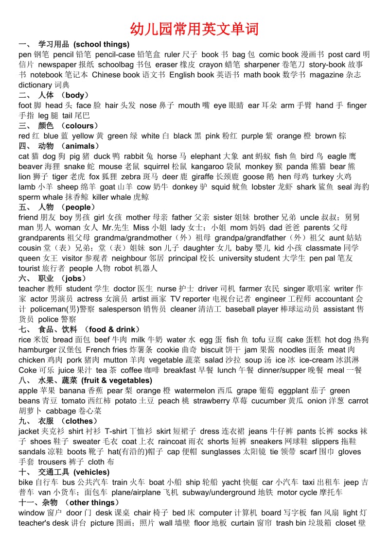 幼儿园教师常用英文单词.doc_第1页