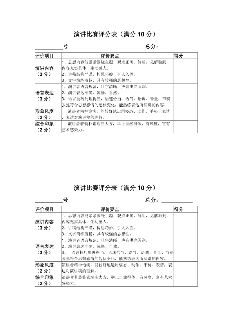 中学生演讲比赛评分表.doc_第1页