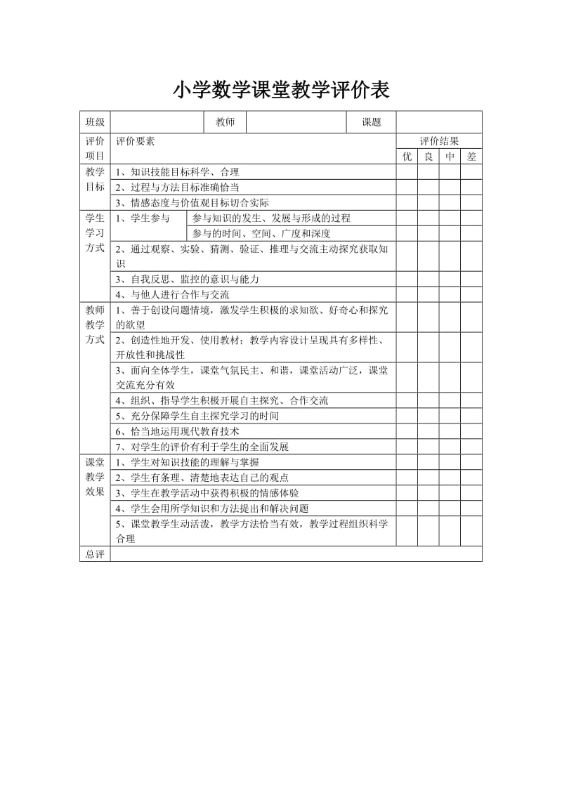 小学数学课堂教学评价表(一).doc_第1页