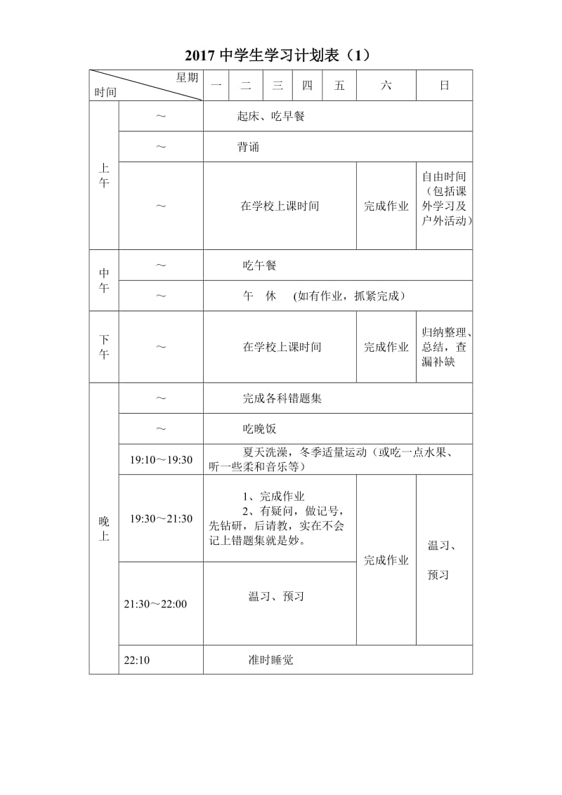 2017中学生学习计划表完整版.doc_第1页
