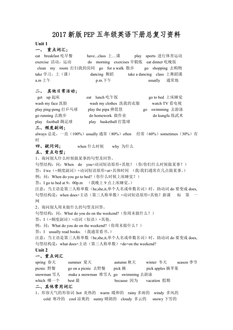 新版PEP五年级英语下册总复习资料.doc_第1页