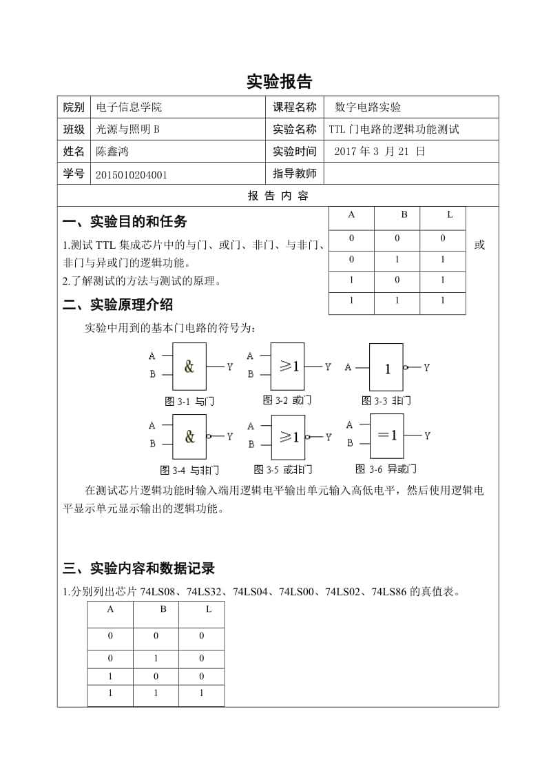 TTL门电路的逻辑功能测试实验报告.doc_第1页