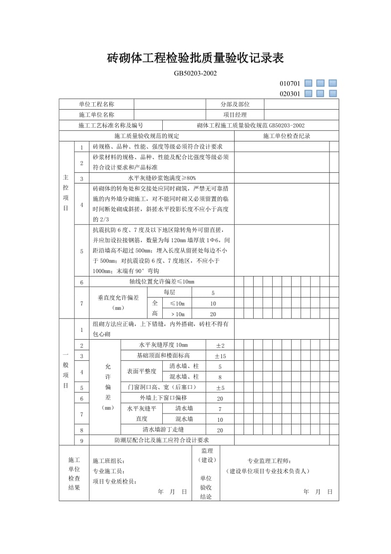 砖砌体验收记录表.doc_第1页