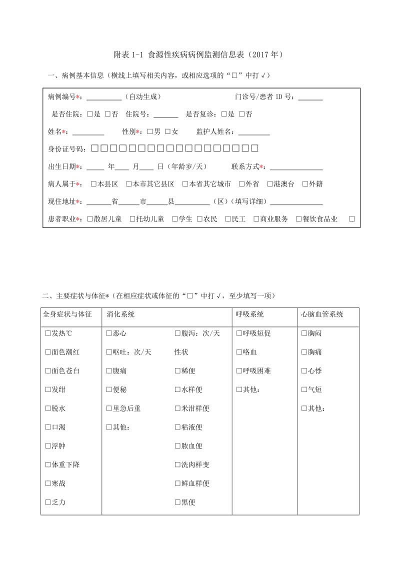 食源性疾病病例监测信息表(2017年).doc_第1页