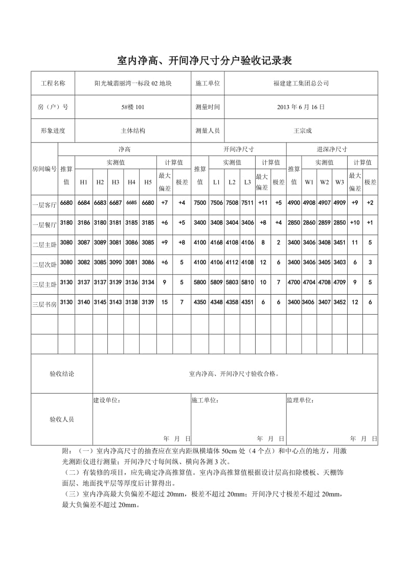 室内净高 、开间净尺寸分户验收记录表(填写范例).doc_第1页