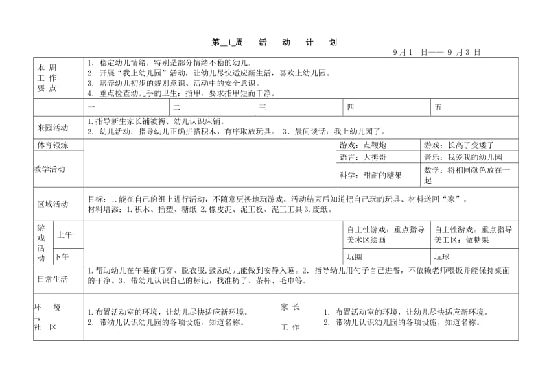 幼儿园小班周活动计划表.doc_第1页