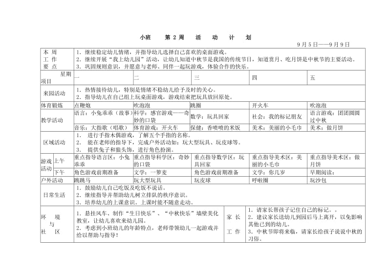 幼儿园小班周活动计划表.doc_第2页