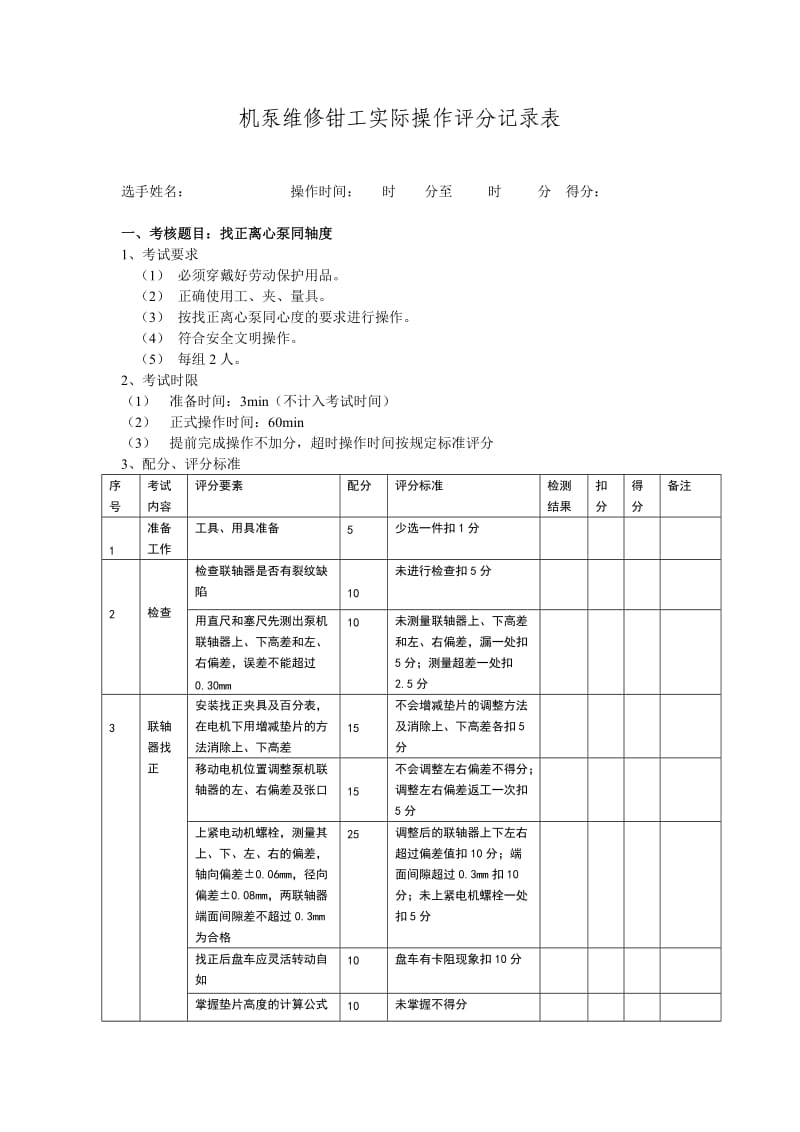 机泵维修初级钳工实操考试.doc_第1页