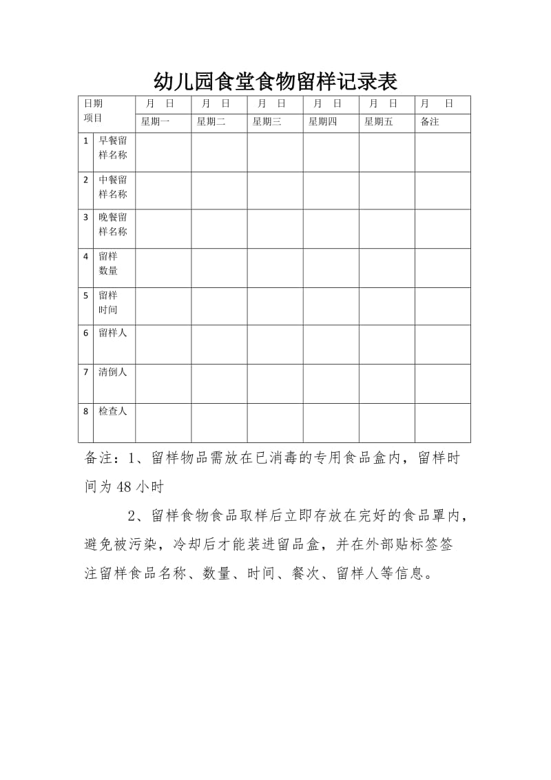 幼儿园食堂食物留样记录表.doc_第1页