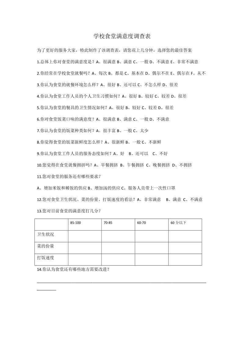 学校食堂满意度调查表.doc_第1页