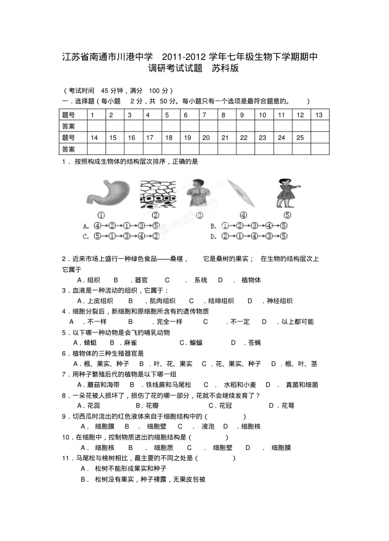 江苏省南通市七年级生物下学期期中调研考试试题苏科版.pdf_第1页