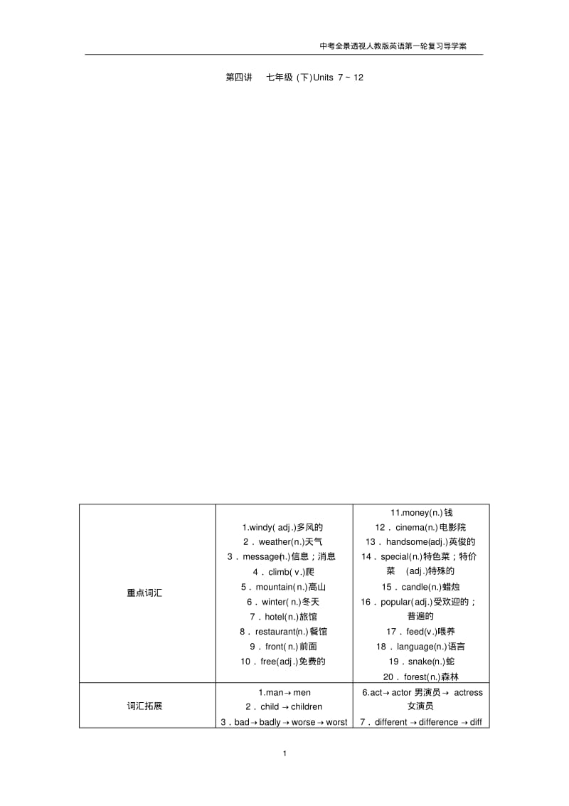 中考英语人教版一轮复习导学案+第四讲+七年级(下)Units+7～12.pdf_第1页