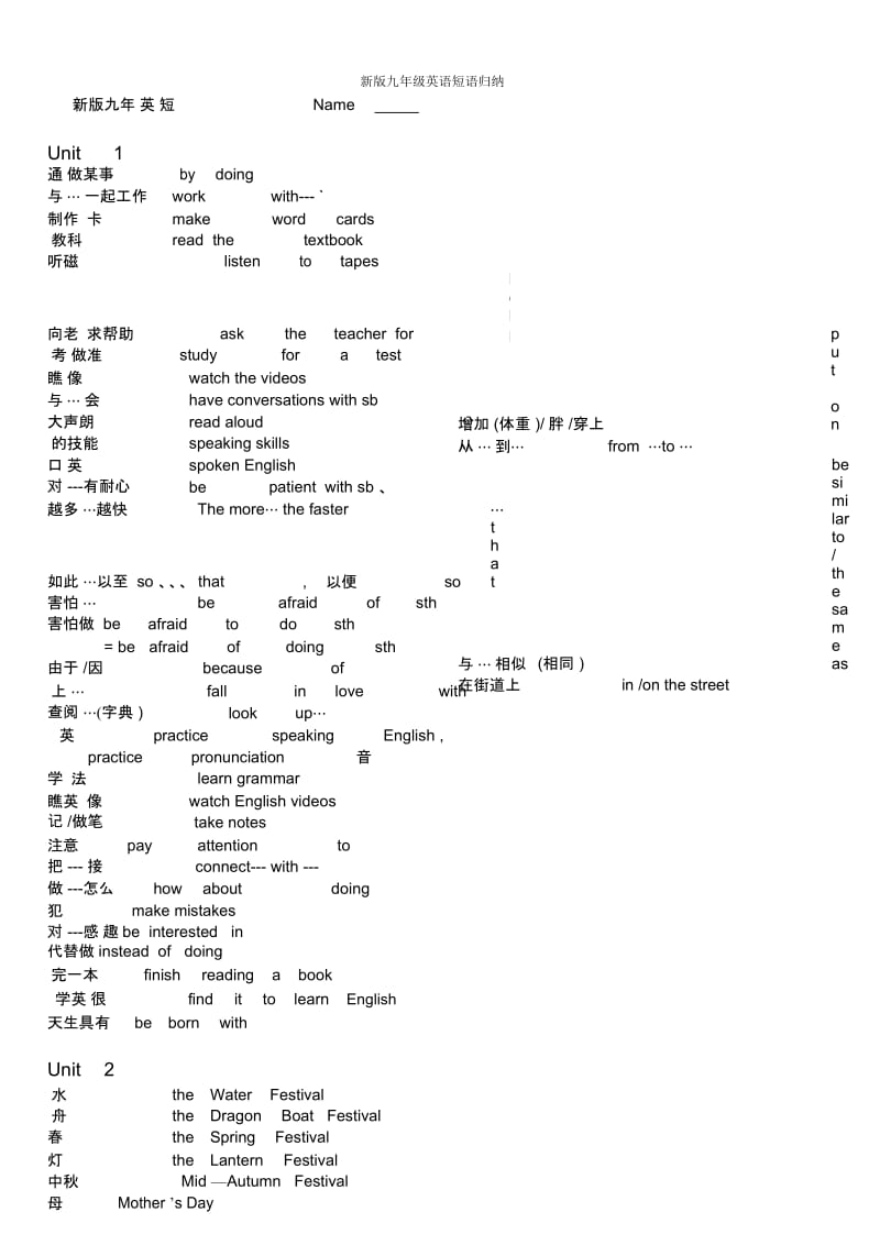 新版九年级英语短语归纳.docx_第1页