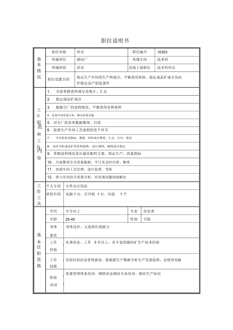 烧结厂职位说明书技术科科员.docx_第1页