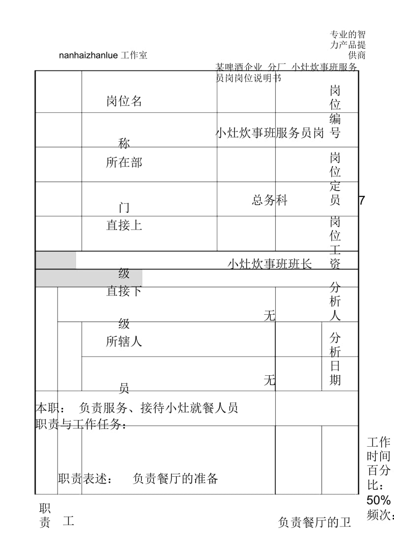 某啤酒企业分厂小灶炊事班服务员岗岗位说明书..docx_第2页