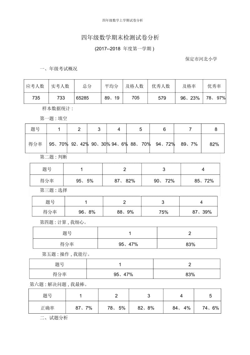 四年级数学上学期试卷分析.docx_第1页