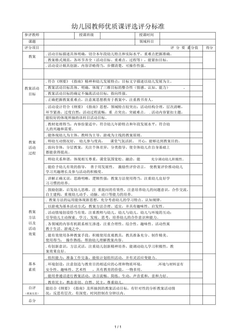 幼儿园教师优质课评选评分标准.docx_第1页