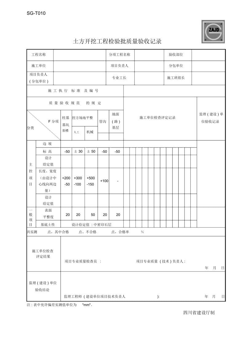 SG-T010土方开挖工程检验批质量验收记录.docx_第1页