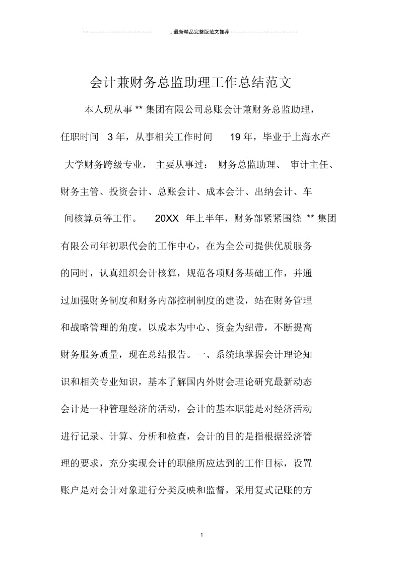 会计兼财务总监助理精编工作总结范文.docx_第1页