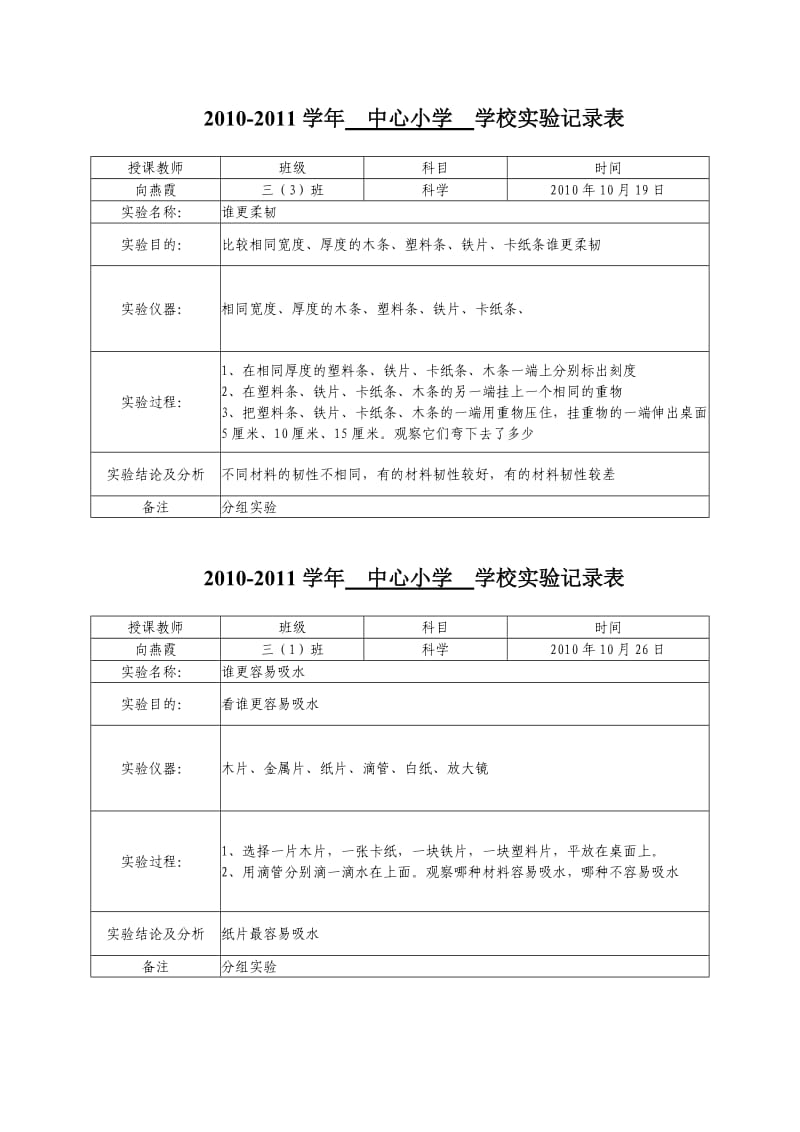 1021011学年中心小学三年级演示实验记录表.doc_第2页