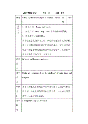 2020春鲁教版英语六下Unit2Myfavoritesubjectisscience第五课时word教学设计.doc