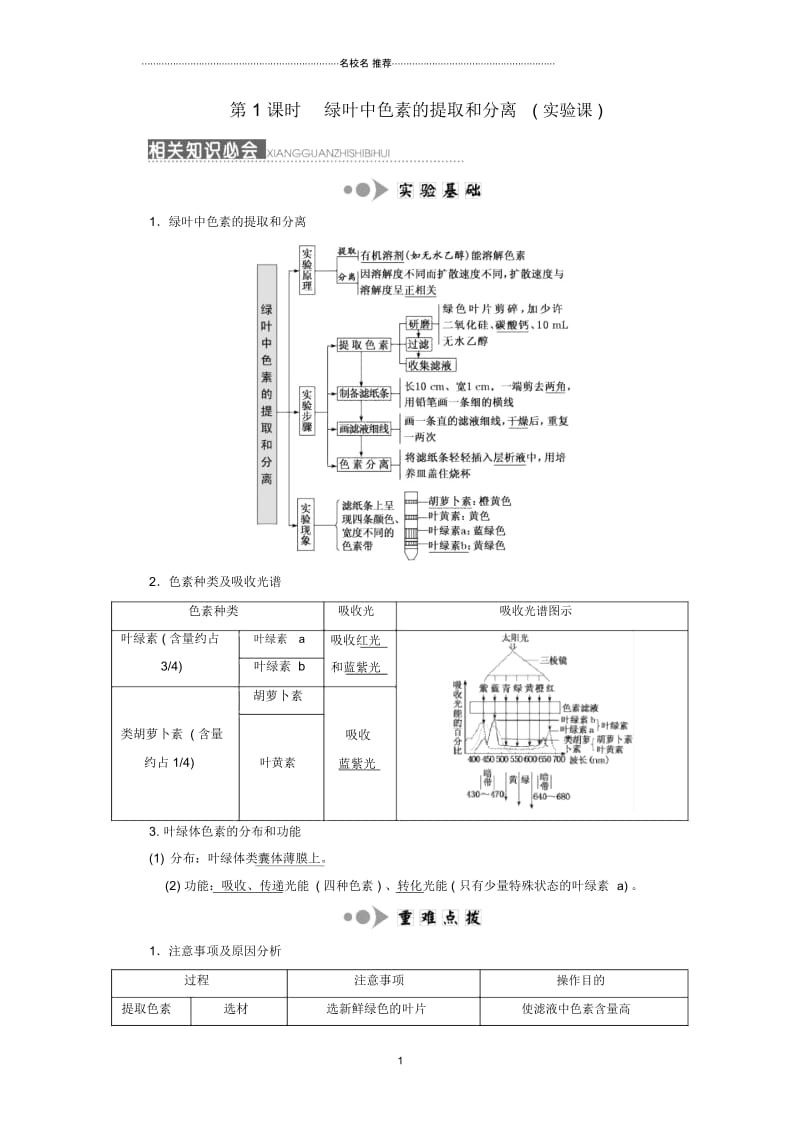 高考生物一轮复习第三单元细胞的能量供应和利用第三讲第1课时绿叶中色素的提取和分离(实验课)精选名师精选.docx_第1页