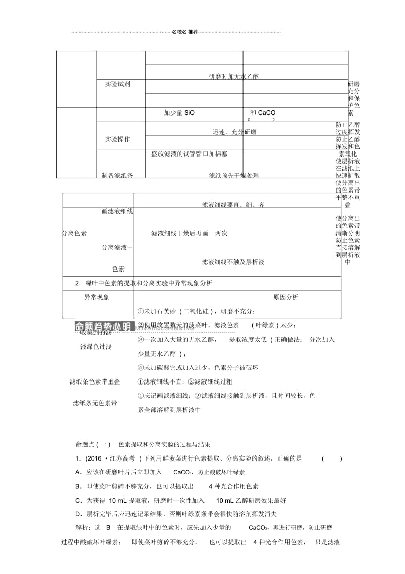 高考生物一轮复习第三单元细胞的能量供应和利用第三讲第1课时绿叶中色素的提取和分离(实验课)精选名师精选.docx_第2页