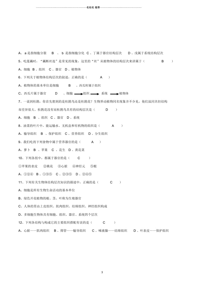 初中七年级生物上册2.2.3植物体的结构层次名师精编导学案答案不全新版新人教版.docx_第3页