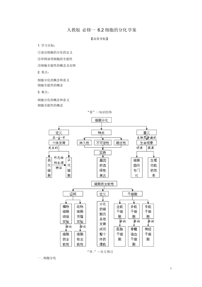 高中生物(自主预习+互动探究+课堂自测,含解析)6.2细胞的分化学案新人教版必修1.docx_第1页