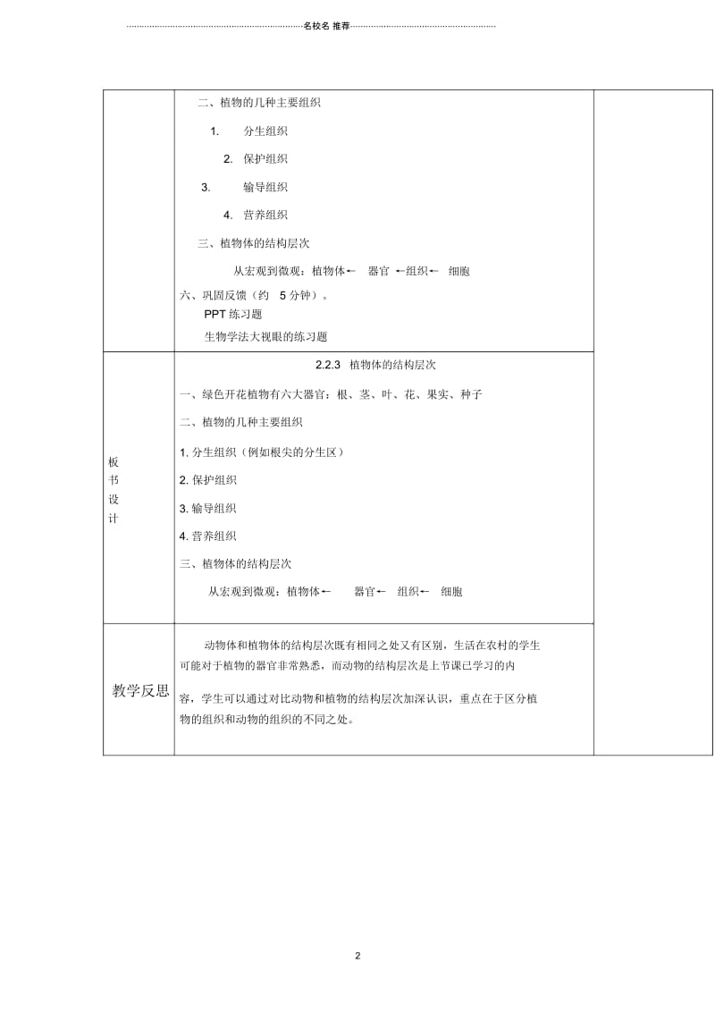 初中七年级生物上册2.2.3植物体的结构层次名师精编教案新版新人教版20170816240.docx_第2页