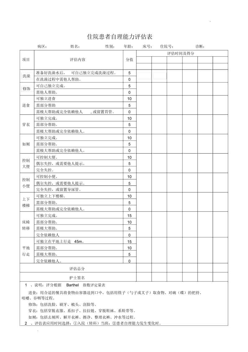 住院患者自理能力评估表.docx_第1页