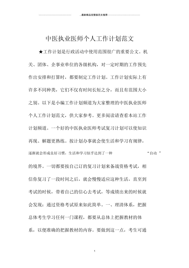 中医执业医师个人精品工作计划范文.docx_第1页