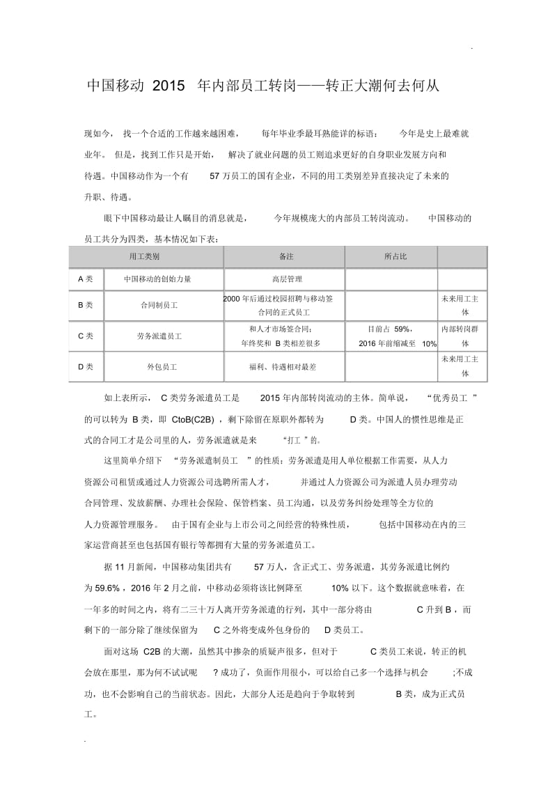 中国移动2015年内部员工转岗——转正大潮何去何从.docx_第1页