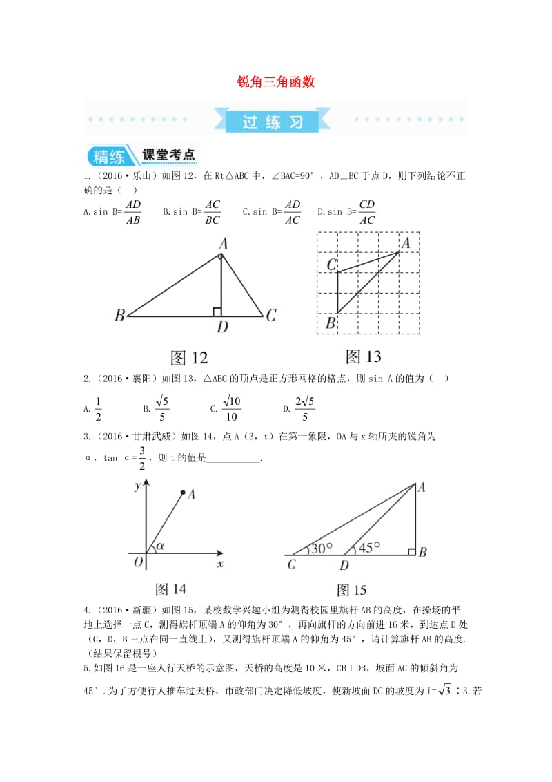 中考数学复习第1部分基础过关第四单元三角形课时21锐角三角函数练习无答案.doc_第1页