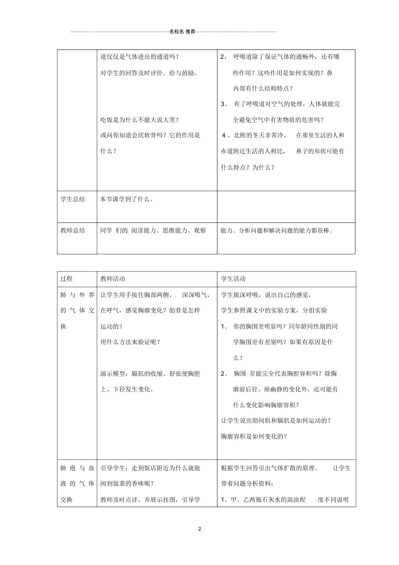 安徽省合肥市长丰县初中七年级生物下册4.3.2《发生在肺内的气体交换》名师精选教案2(新版)新人教版.docx_第2页