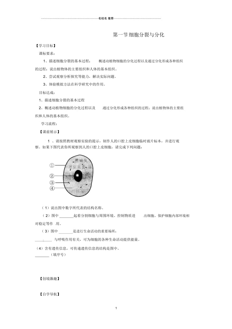 辽宁省灯塔市第二初级中学初中七年级生物上册2.4.1细胞分裂与分化名师精编导学案(无答案)苏教版.docx_第1页