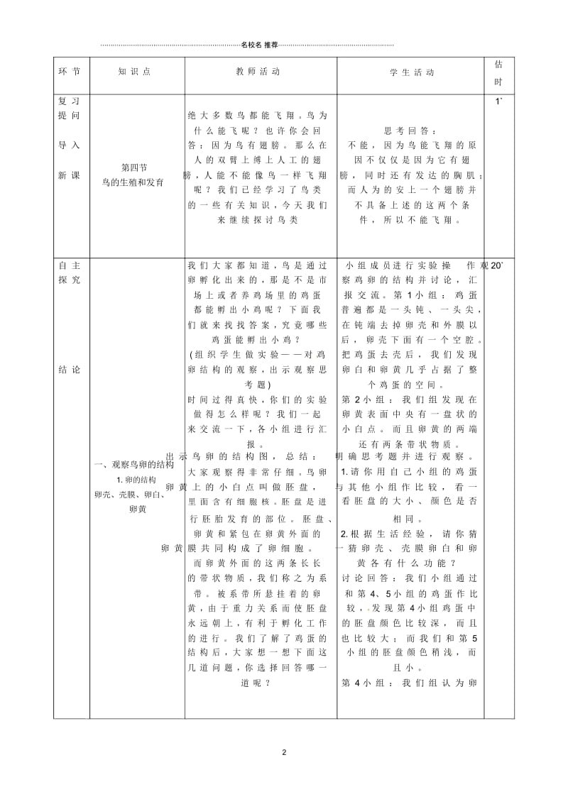 山东省临沭县第三初级中学初中八年级生物下册鸟的生殖发育名师精选教案新人教版.docx_第2页