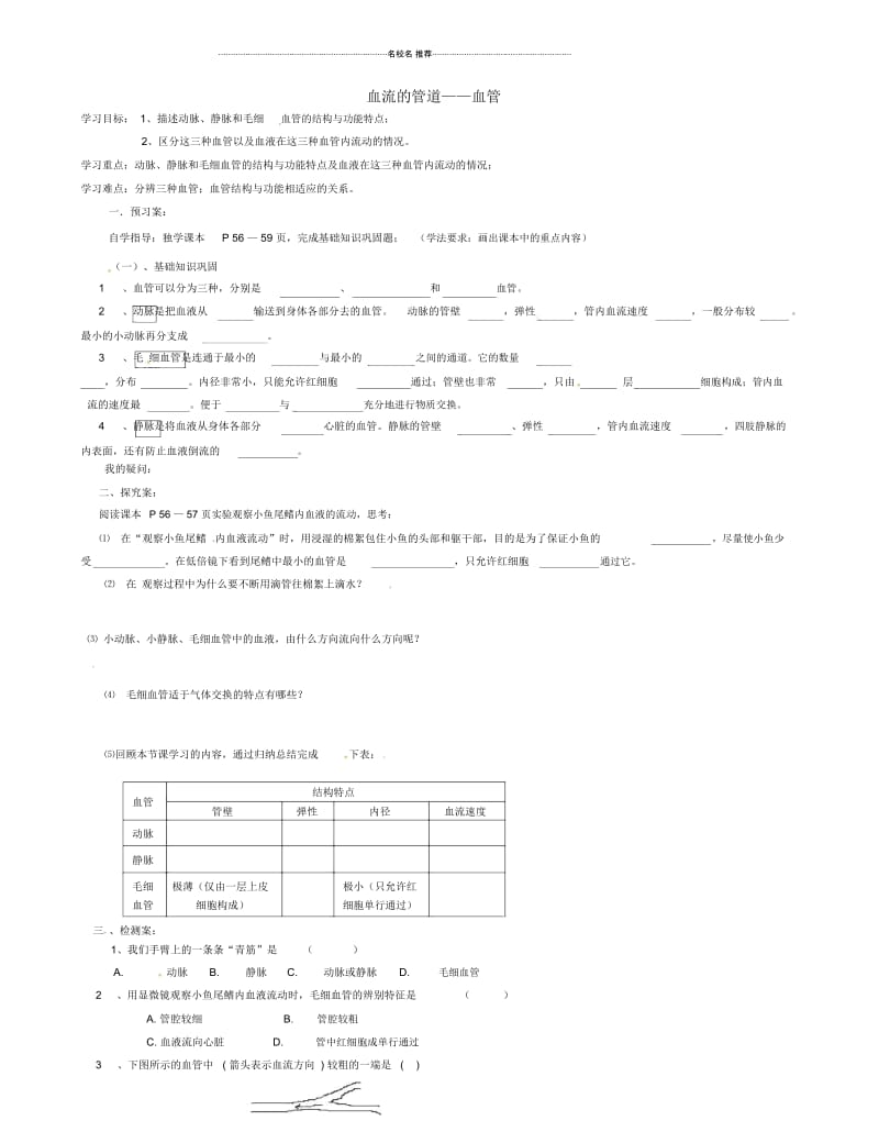 广西桂林市灌阳县灌阳镇红旗初级中学初中七年级生物下册4.4.2血流的管道—血管名师精编学案(无答案)新.docx_第1页