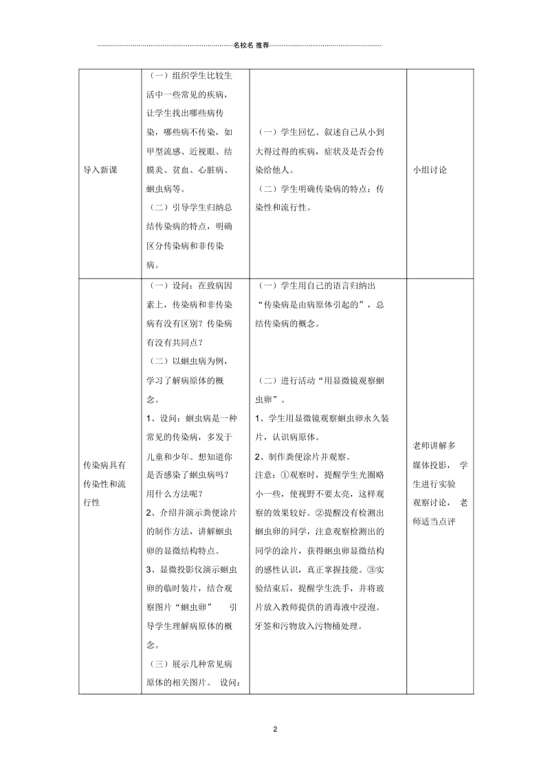 初中七年级生物下册4.13.2《预防传染病》名师精选教案(新版)北师大版.docx_第2页