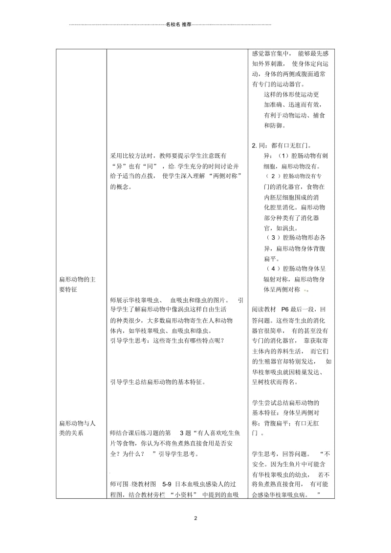 初中八年级生物上册第五单元第一章第一节腔肠动物和扁形动物《扁形动物》名师精选教案(新版)新人教.docx_第2页