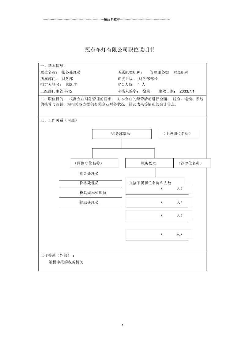 冠东车灯公司财务部帐务处理员职位说明书.docx_第1页