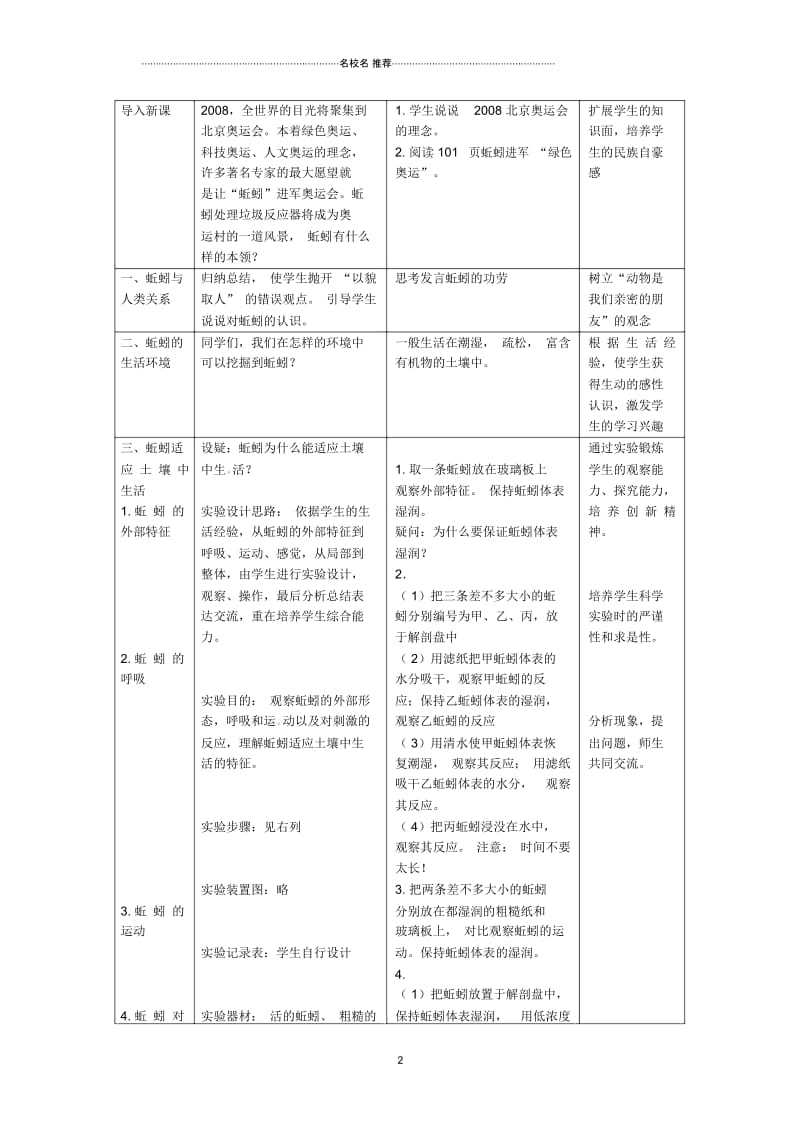 江西省信丰县黄泥中学中考生物实验汇总复习探究蚯蚓适应土壤中生活的特征名师精选教学设计.docx_第2页