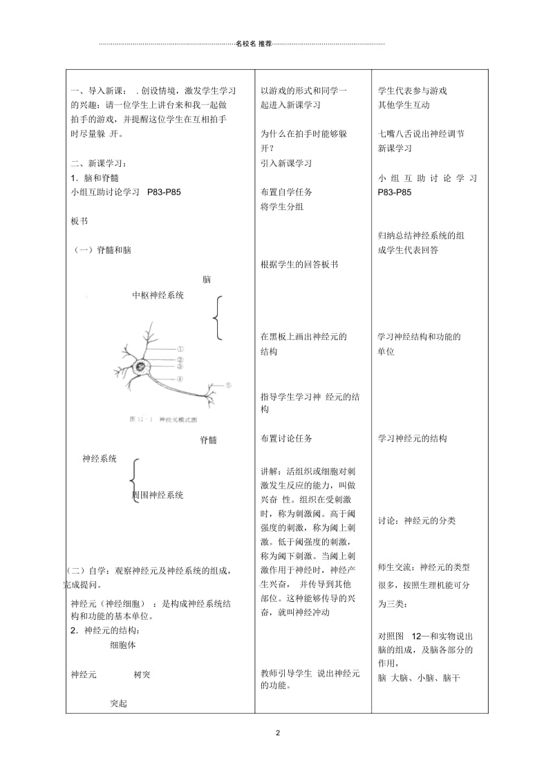 甘肃省瓜州县第二中学初中七年级生物下册12.2人体的神经调节(第1课时)名师精编教学案(无答案)(新版.docx_第2页