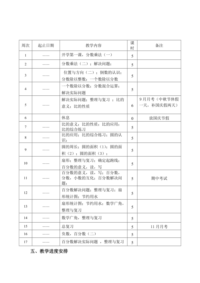 2020学年度第一学期六年级数学上册教学计划(含进度表).doc_第3页