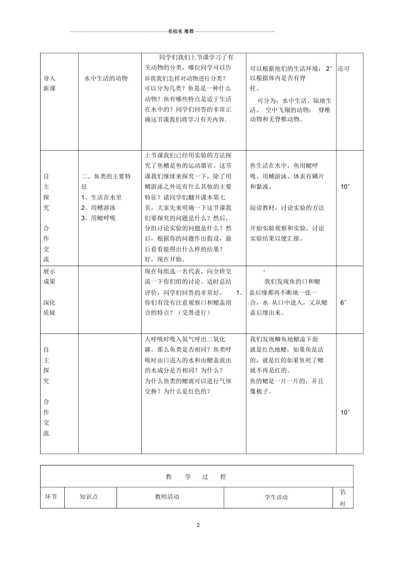 山东省临沭县初中八年级生物《3水中生活的动物2》名师精选教案新人教版.docx_第2页