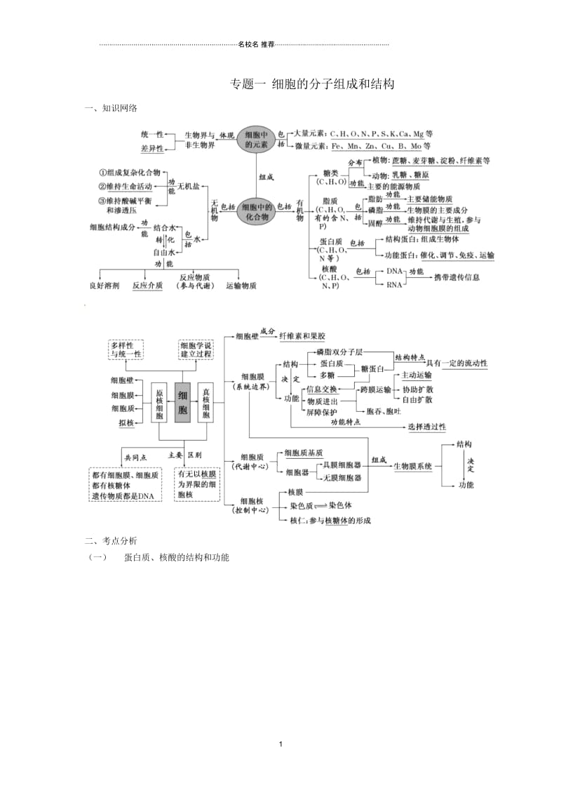 湖南省新田县第一中学高三生物二轮复习专题一细胞的分子组成和结构名师精选教案.docx_第1页