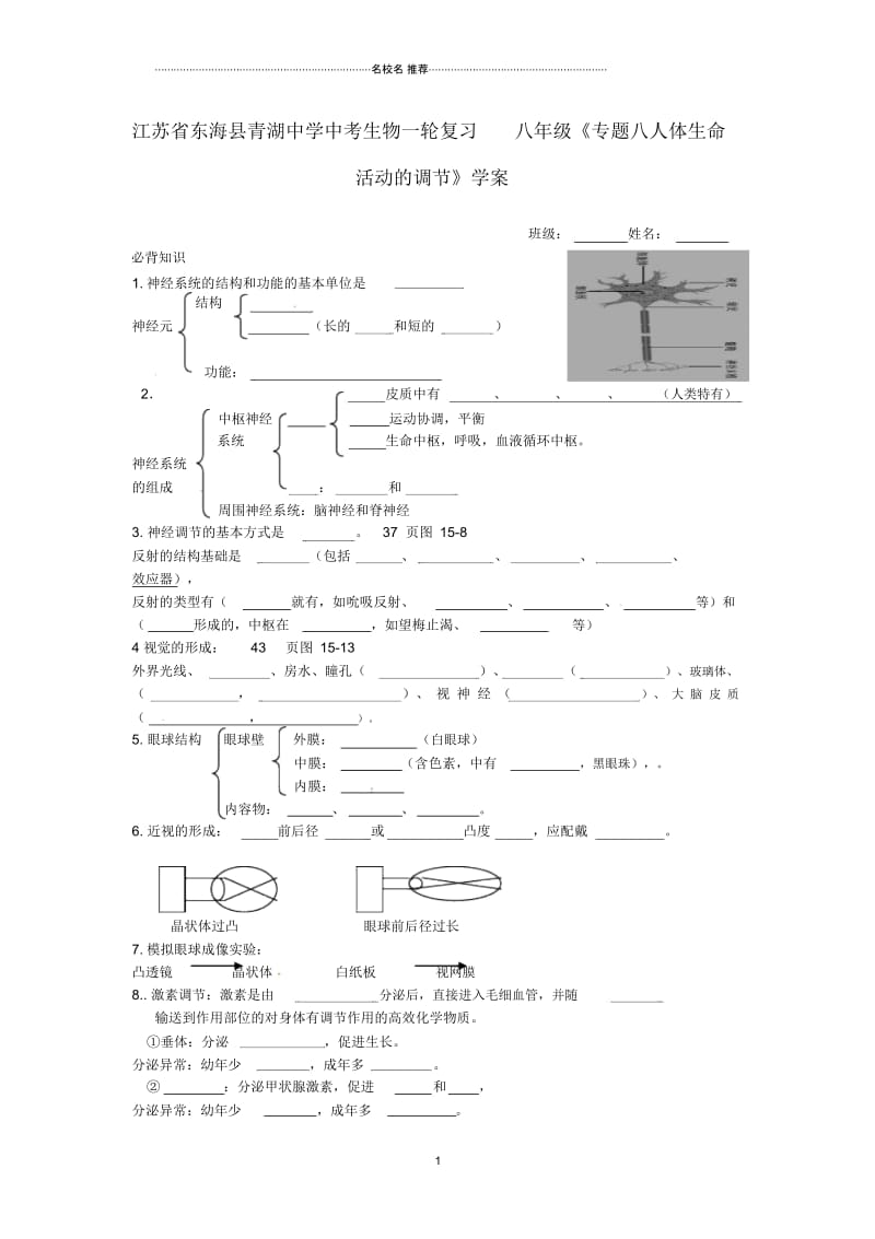 江苏省东海县青湖中学中考生物一轮复习八年级《专题八人体生命活动的调节》名师精编学案.docx_第1页