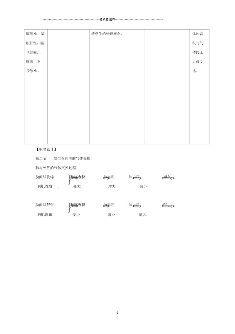 初中七年级生物下册4.3.2《发生在肺内的气体交换》第一课时名师精选教案2(新版)新人教版.docx_第3页