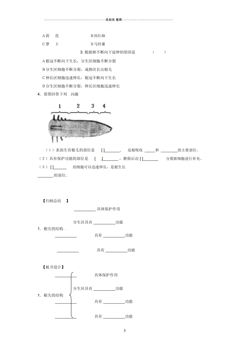 辽宁省灯塔市第二初级中学初中七年级生物上册3.5.2植物根的生长名师精编导学案1(无答案)(新版)苏教版.docx_第3页