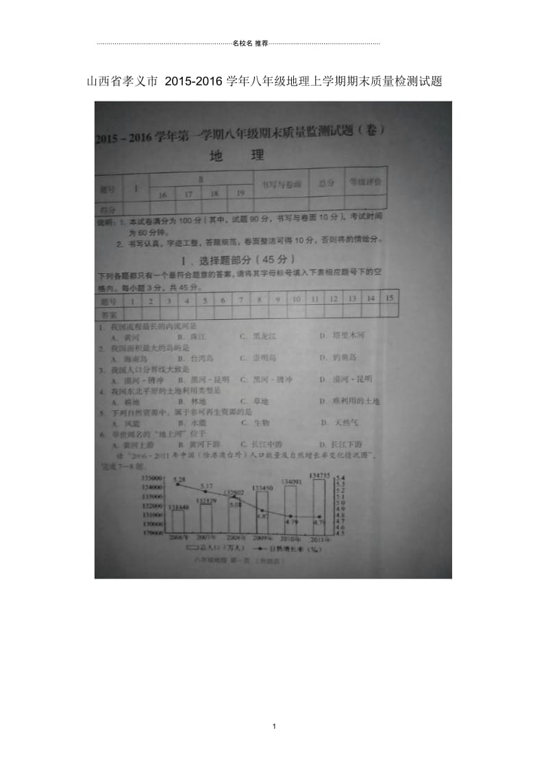 山西省孝义市八年级地理上学期期末质量检测试题(扫描版)晋教版.docx_第1页